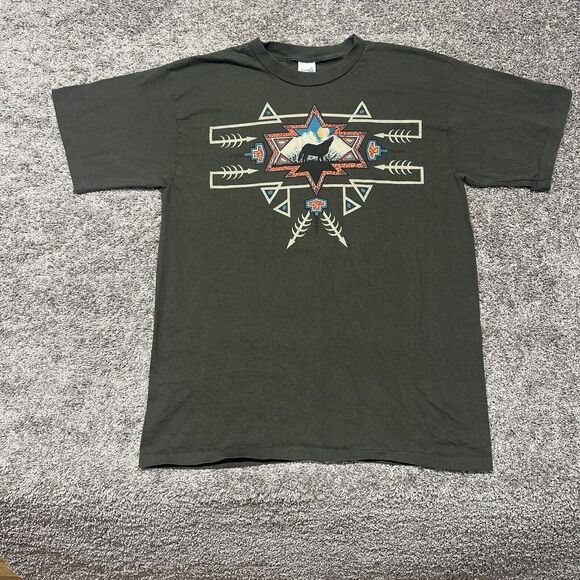 Vintage Men XL Alore Wolf print t shirt Olive Single stitch Aztec SS Southwest - Picture 1 of 8